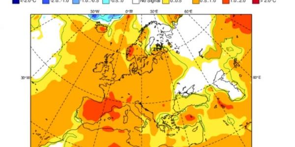 Anomalía de las temperaturas, previsión del modelo del ECMWF
