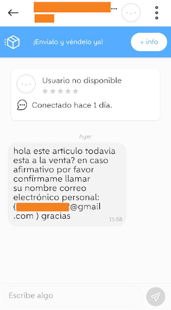 Texto del mensaje que envían los estafadores en Wallapop