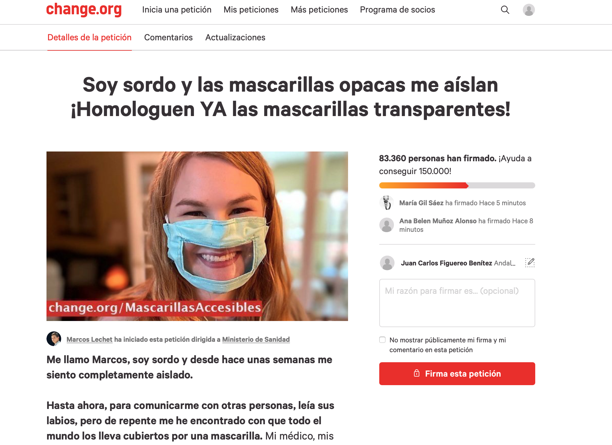 Petición en Change.org de Marcos Lechet para la homologación de mascarillas transparentes