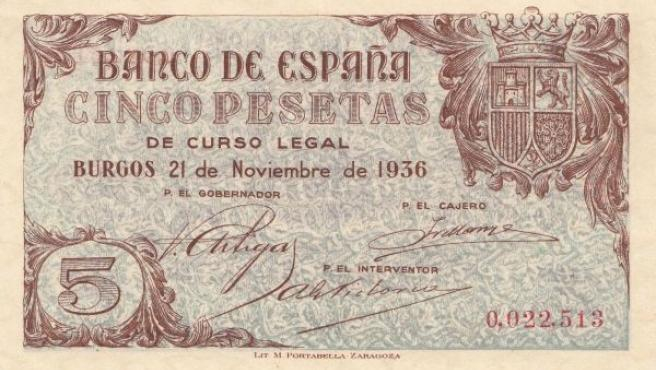 Billete de 5 pesetas de España (1936)