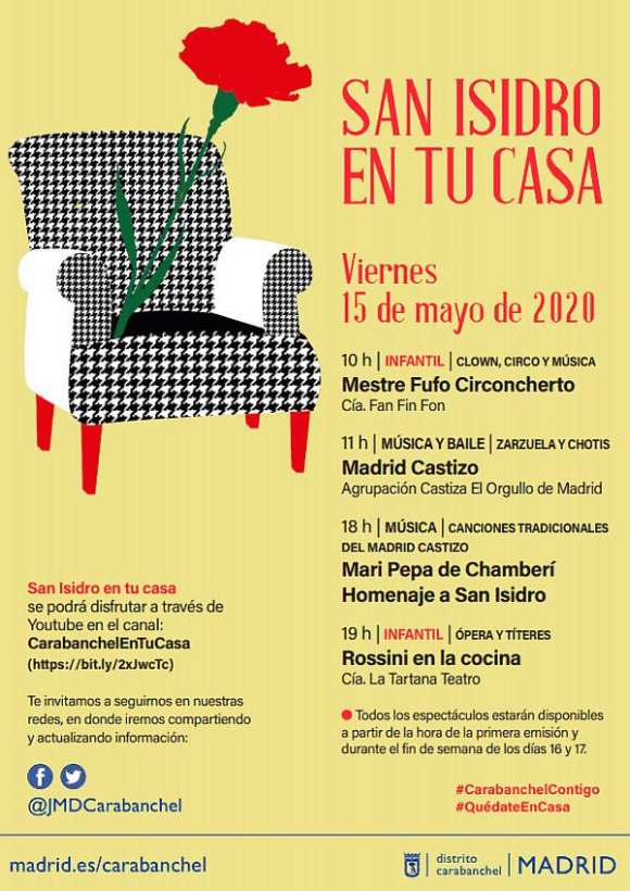 Cartel de la programación de 'San Isidro en casa' de la Junta del Distrito de Carabanchel