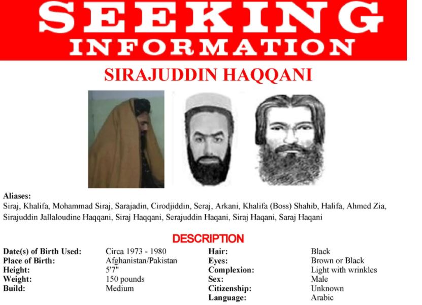 Poster del FBI de Sirajuddin Haqqani con fotos sin datar. HANDOUT . / REUTERS
