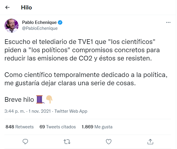 Tweet de Pablo Echenique sobre TVE y el cambio climático/Twitter