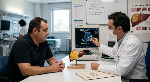 Un paciente habla con su hepatólogo en la consulta