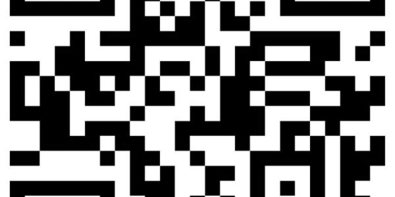 Código QR formado por líneas y formas geométricas blancas y negras 