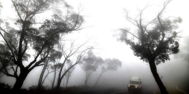 Un automóvil se abre paso a través de una espesa niebla mezclada con humo de incendios forestales de las Montañas Azules, a unos 75 kilómetros de Sydney. | Fuente: AFP