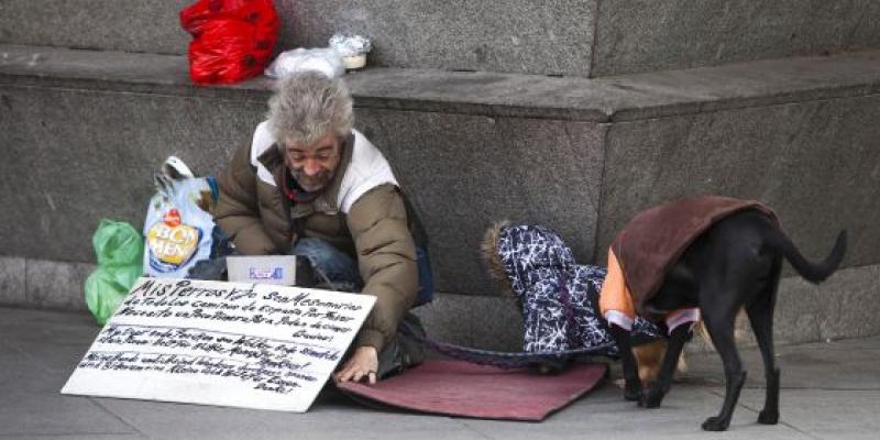 El Ayuntamiento de Madrid ayudará a los sin hogar que tengan mascotas para que no se separen de ellas Una persona sin techo junto a su perro en una calle de Madrid. Foto de Samuel Sánchez