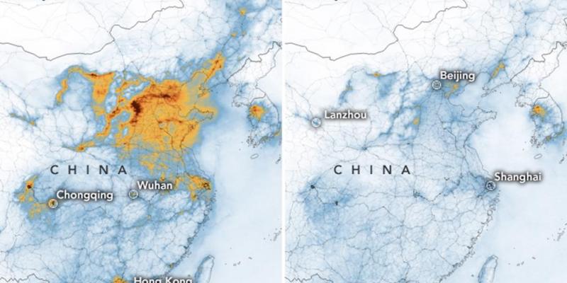 Los niveles de polución en China entre el mes de enero y febrero. (NASA HANDOUT / EFE)