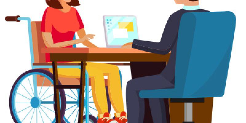 Cuota de reserva // Imagen persona usuaria de silla de ruedas en una entrevista de trabajo Cuota de reserva // Imagen persona usuaria de silla de ruedas en una entrevista de trabajo