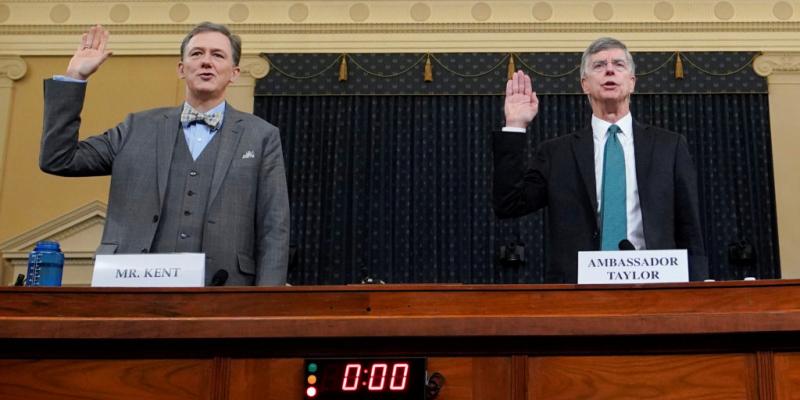 Impeachment Taylor and Kent are sworn in at House Intelligence Committee hearing as part of Trump impeachment inquiry on Capitol Hill in Washington