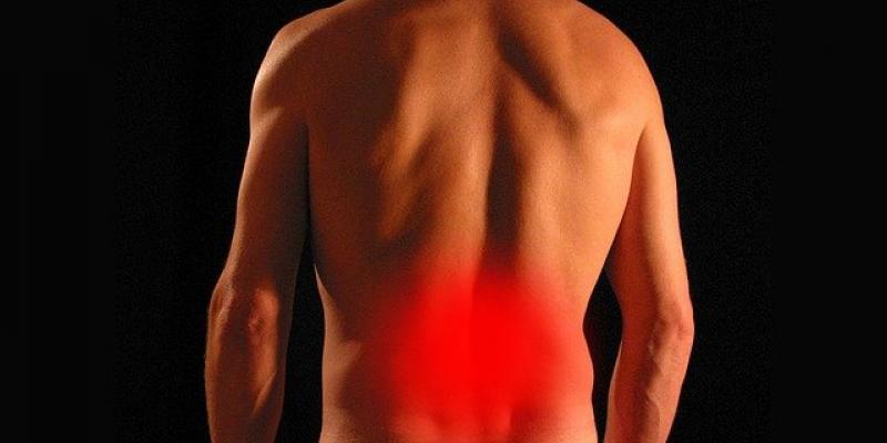 Incrementa la enfermedad renal crónica en Europa Señalización de color rojo en la parte baje de la espalda de un hombre que denota el lugar del dolor producido por el mal funcionamiento de los riñones