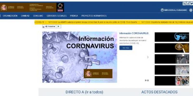 Portada de la web del Ministerio de Sanidad 