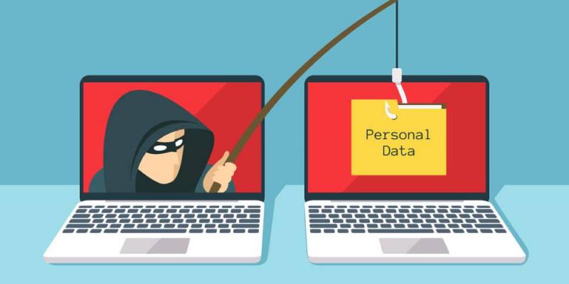 Infografía sobre el phishing que muestra un ciber estafador con un ordenador