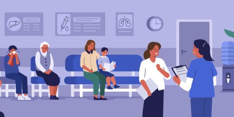 La Atención Primaria lucha contra el coronavirus Ilustración de la Atención Primaria, una sala de espera