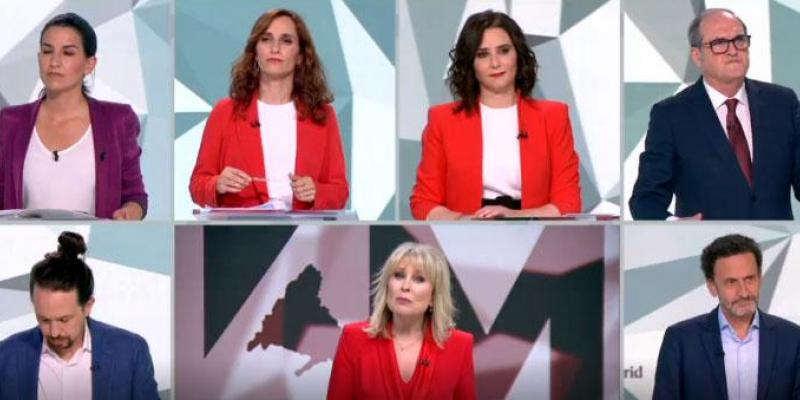 Ayuso ganará el 4-M Los candidatos y la periodista María Rey durante el debate en Telemadrid | Imagen: Telemadrid / Servimedia