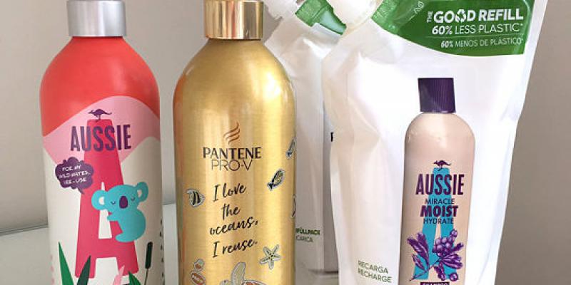 Imagen de envases reutilizables de Aussie y Pantene/NewsFragancias Las marcas de champú apuestan por envases reutilizables