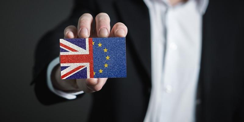 Mano sujetando bandera formada por el Reino Unido y la UE / Pixabay