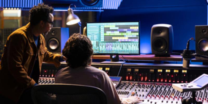 Imagen de un productor musical y un cantante/envatoelements Los artistas venden sus catálogos musicales
