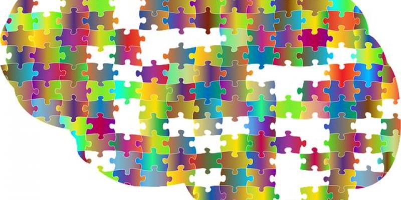 El dibujo de un cerebro hecho con piezas de puzle de diferentes colores 