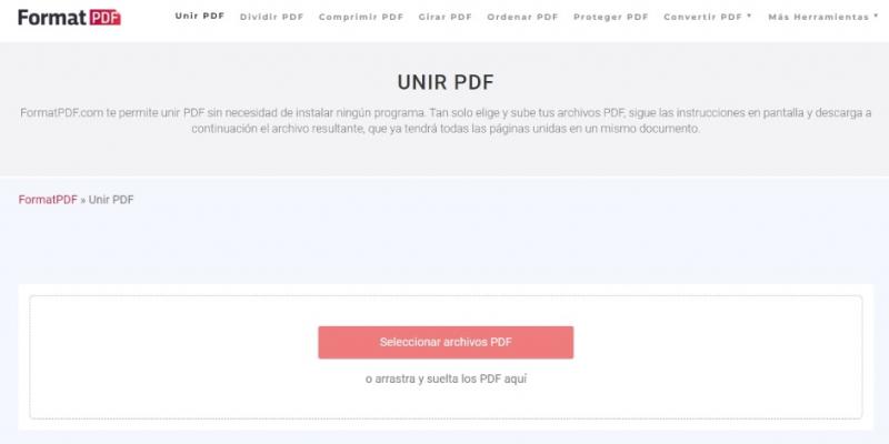 Interfaz página web para unir documentos PDF online