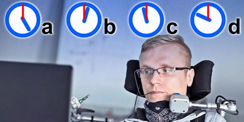 New System Speeds Up Typing for the Motor Impaired / Medgadget Imagen de una persona utilizando un interruptor para comunicarse con varios relojes del sistema Nomon sobreimpresionados