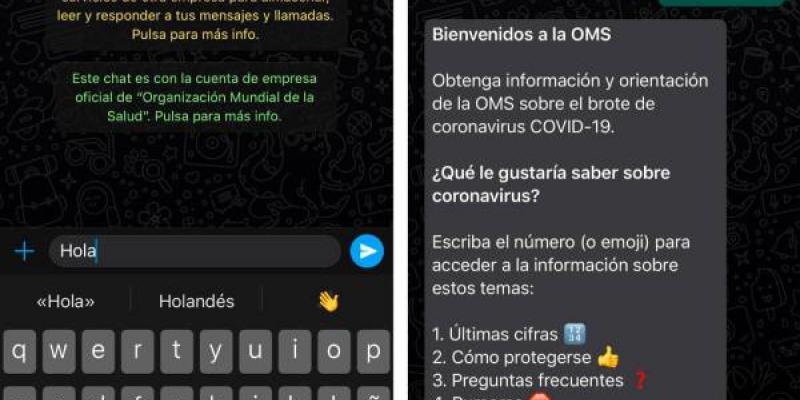 Puede enviar la palabra 'hola' al +41 22 501 76 90 para comenzar la conversación. La OMS te mantiene informado del coronavirus por WhatsApp