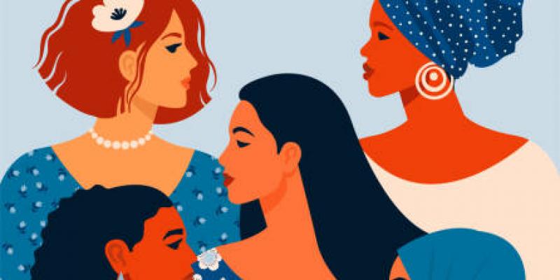 Empoderamiento femenino Podemos hacerlo. Cartel Día Internacional de la Mujer. Ilustración vectorial con mujeres diferentes nacionalidades y culturas - Ilustración de stock