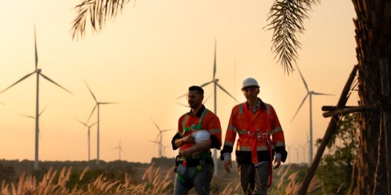 Los ingenieros que trabajan en parques eólicos para energía renovable son responsables del mantenimiento de las grandes turbinas eólicas. Al regresar del trabajo mientras el sol de la tarde ilumina con una hermosa luz dorada a ambos / Envato Los ingenieros que trabajan en parques eólicos para energía renovable son responsables del mantenimiento de las grandes turbinas eólicas. Al regresar del trabajo mientras el sol de la tarde ilumina con una hermosa luz dorada a ambos