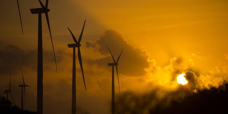 Imagen de unos molinos de viento/Bloomberg Línea Las energías renovables y las altas temperaturas