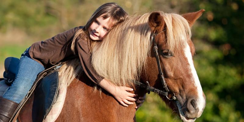 Voluntarios de La Caixa practican terapia con caballos para niños con autismo.