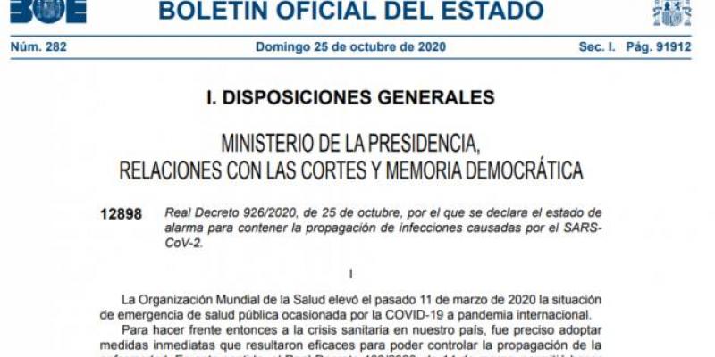 Boletín Oficial del Estado que anuncia el estado de alarma en España