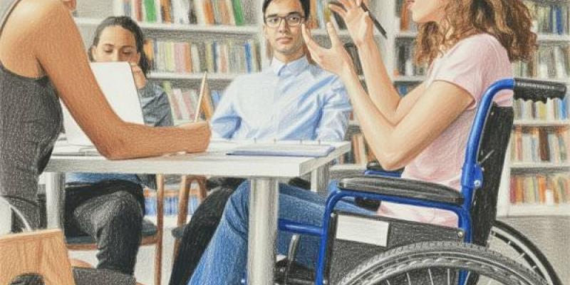 Imagen creada con IA en la que se ve a jóvenes con discapacidad alrededor de una mesa en una biblioteca