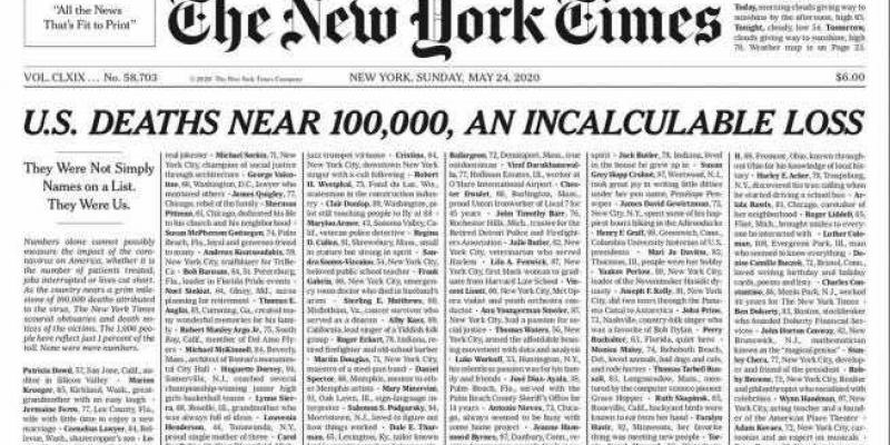 La impactante portada de 'The New York Times' con los nombres de mil víctimas del coronavirus.