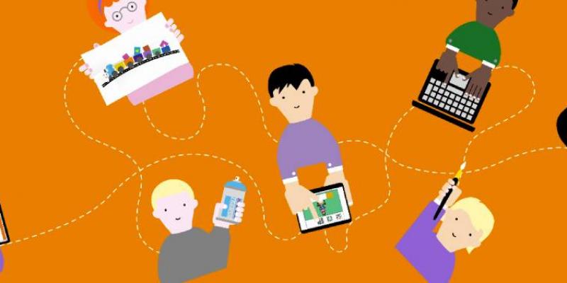 Infografía con personas trabajando en las nuevas tecnologías de Orange