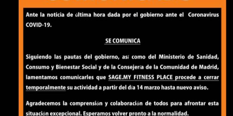 Pantallazo del comunicado de un gimnasio en la Comunidad de Madrid