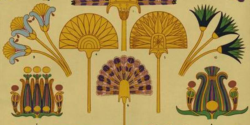 Flabelos del Antiguo Egipto (en el centro, arriba) y motivos de loto calor/ 1868, New York Public Library Imagen de flabelos para combatir el calor en Wikipedia