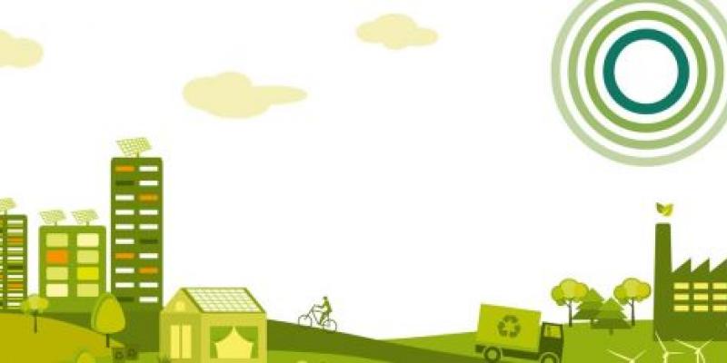 Neutralidad de carbono /Gerencia Ambiental Infografía de una ciudad en la que se ve una industria y se destaca la energía del sol a la derecha