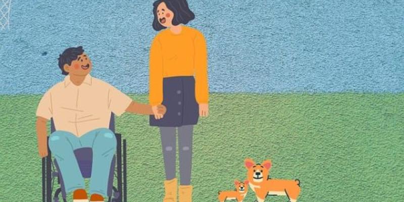 Un dibujo sobre una persona con discapacidad en silla de ruedas y su pareja junto a dos perritos