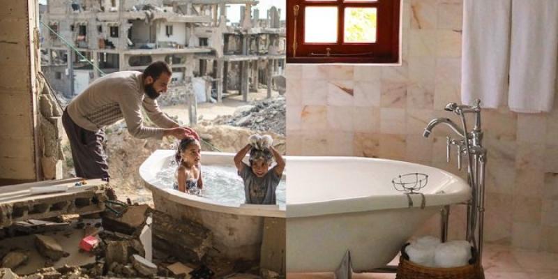 Parallel Universes - Foto: Ugurgallen En una mitad de la imagen aparecen niños en una bañera rodeados de escombros y en la otra un baño reformado