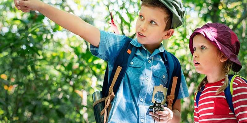 Imagen de dos niños durante una ruta por el bosque/International Montessori Institute Actividades al aire libre con niños