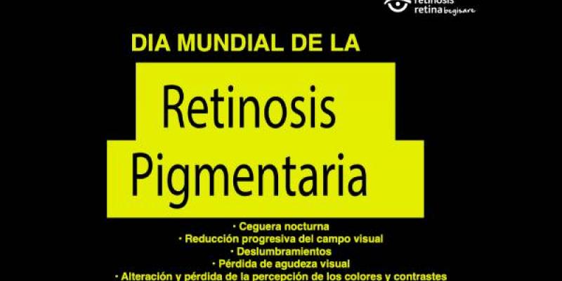 En fondo negro y letras amarillas, se lee Retinosis Pigmentaria 