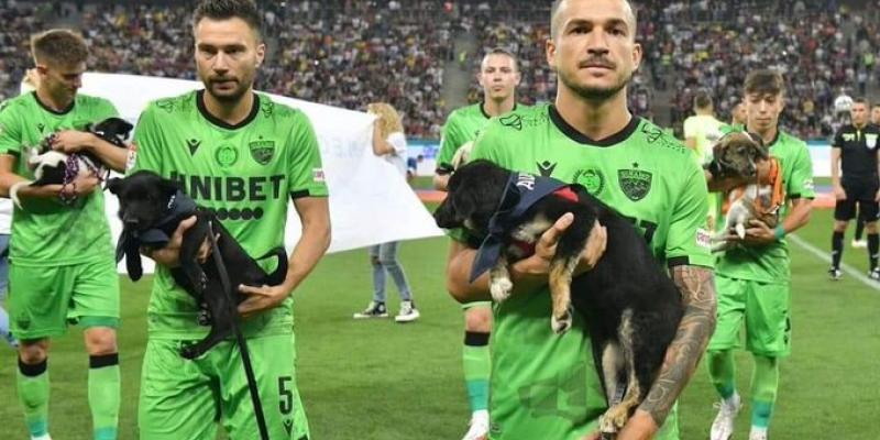 El respeto animal antes del partido/ Twitter ruben_prz Jugadores de la FRF con canes para adoptar
