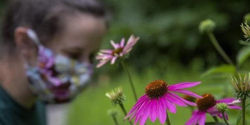 Niño con una mascarilla entre flores