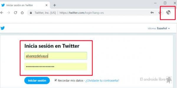 Pantalla de Twiter con el acceso a la contraseña del usuario 