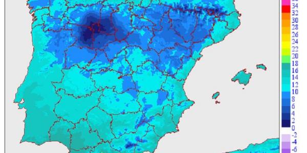 Mapa de temperaturas máximas para el domingo, con tonos azules para valores cercanos a 0 grados. Foto:Aemet.