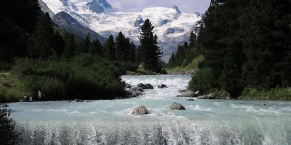 Agua de las montañas del río Rosegbach, parte de la cuenca del Danubio en Suiza.