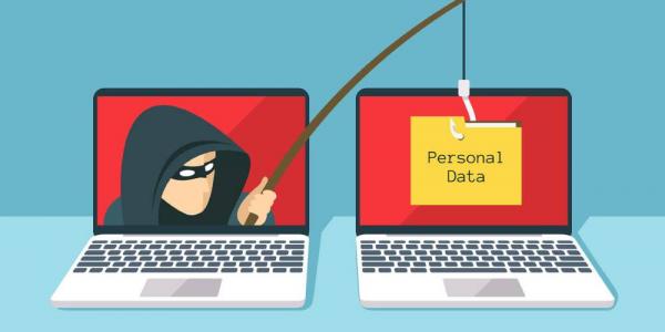 Infografía sobre el phishing que muestra un ciber estafador con un ordenador