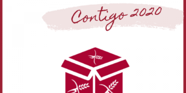 Cartel del proyecto contigo 2020, con una caja en el centro de la imagen 