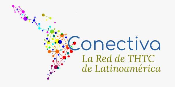 Logo Conectiva, se ve América Latina conectada por puntos de colores 