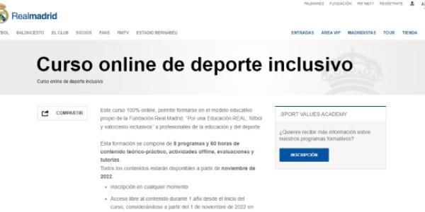 Página oficial de la Fundación Real Madrid con el curso de deporte inclusivo